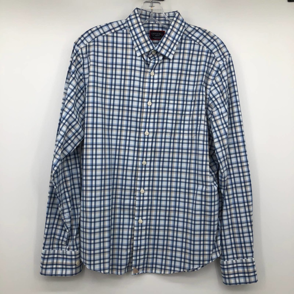 UnTuckit White Blue Plaid Button Down Shirt Mens Medium Sardinia Checker